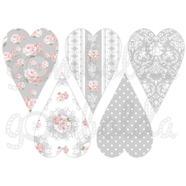 Mintás barkácsfilc - shabby chic vegyes szívek - szürke - 5db vagy 10db